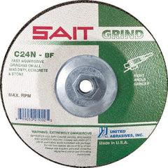 Sait - 24 Grit, 4-1/2" Wheel Diam, 1/4" Wheel Thickness, Type 27 Depressed Center Wheel - Silicon Carbide, Resinoid Bond, N Hardness, 13,300 Max RPM, Compatible with Angle Grinder - Caliber Tooling