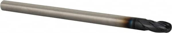 Ball End Mill: 0.1875″ Dia, 0.375″ LOC, 4 Flute, Solid Carbide 3-1/8″ OAL, 3/16″ Shank Dia, 30 ° Helix, Uncoated, Single End