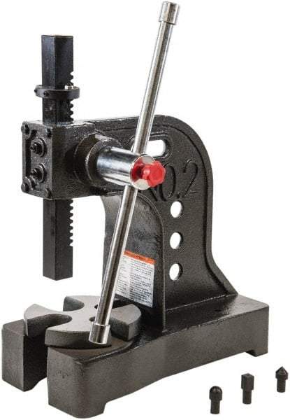 Palmgren - 1-1/4" Ram, 5-15/16" Throat Depth, 2 Ton Manual Arbor Press - 8" Max Work Height x 11-7/8" Max Work Width, Single Leverage, 6-1/2" Base Width x 16" Base Depth - Caliber Tooling