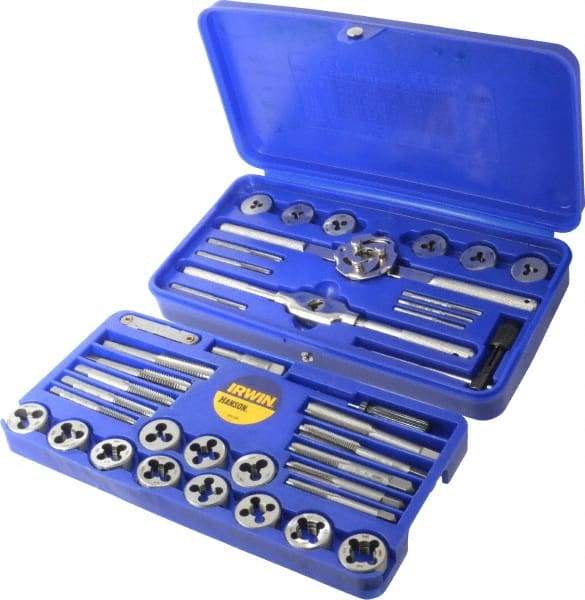 Irwin Hanson - #4-40 to 1/2-20 Tap, #4-40 to 1/2-20 Die, NPT, UNC, UNF, Tap and Die Set - Bright Finish Carbon Steel, Carbon Steel Taps, Nonadjustable, 39 Piece Set with Plastic Case - Exact Industrial Supply