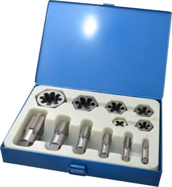 Interstate - 1/8-27 to 1 - 11-1/2 Tap, 1/8-27 to 1 - 11-1/2 Die, NPT, Tap and Die Set - Carbon Steel, Carbon Steel Taps, Nonadjustable, 12 Piece Set with Plastic Case - Exact Industrial Supply