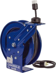 CoxReels - 16 AWG, 35' Cable Length, Cord & Cable Reel with Outlet End - 1 Outlet, NEMA 5-15R, 13 Amps, 115 Volts, SJO Cable, Blue Reel, Spring Driven Reel - Caliber Tooling