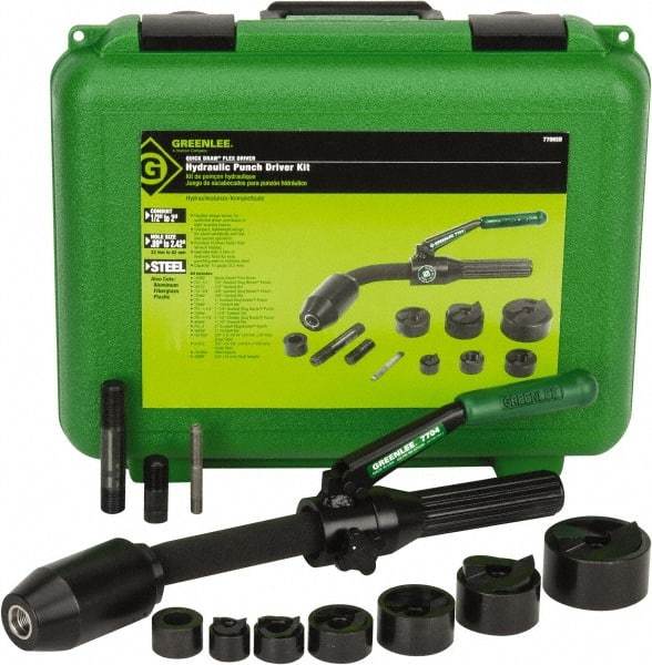 Greenlee - 11 Piece, 1/2 to 2" Punch Hole Diam, Hydraulic Punch Driver Kit - Round Punch, 10 Gage Mild Steel - Caliber Tooling
