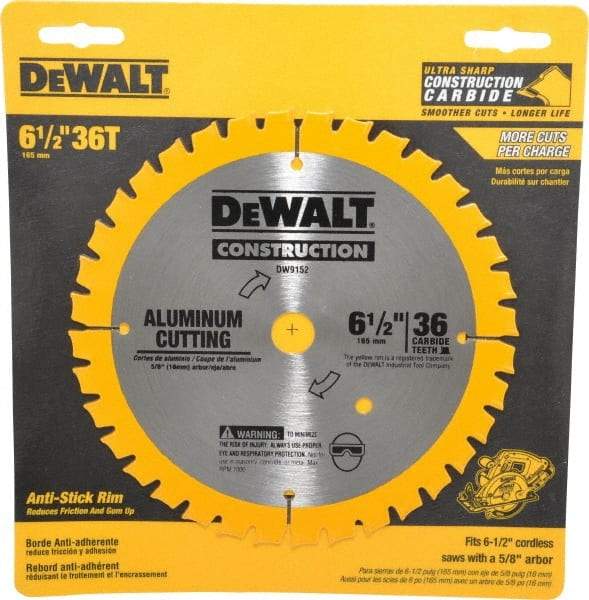 DeWALT - 6-1/2" Diam, 5/8" Arbor Hole Diam, 36 Tooth Wet & Dry Cut Saw Blade - Carbide-Tipped, Standard Round Arbor - Caliber Tooling