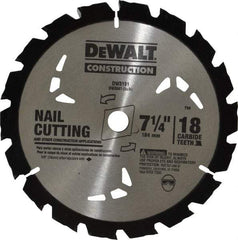 DeWALT - 7-1/4" Diam, 5/8" Arbor Hole Diam, 18 Tooth Wet & Dry Cut Saw Blade - Carbide-Tipped, General Purpose Action, Diamond Arbor - Caliber Tooling