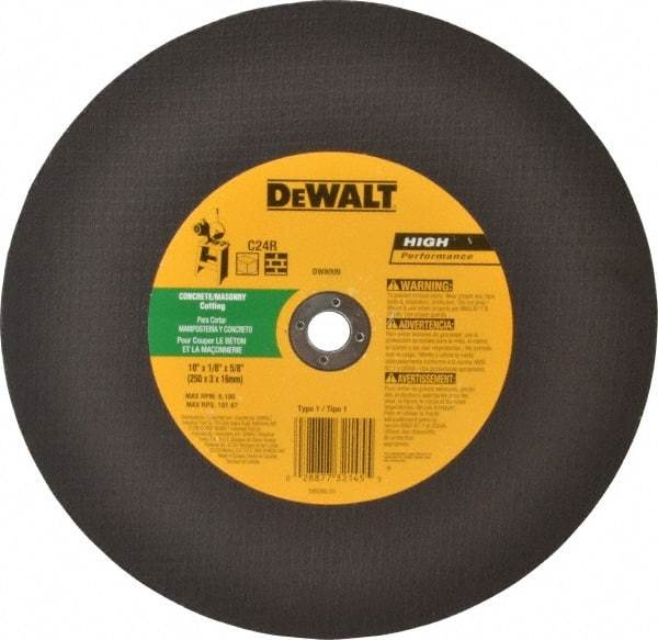 DeWALT - 10" 24 Grit Silicon Carbide Cutoff Wheel - 1/8" Thick, 5/8" Arbor, 6,100 Max RPM, Use with Stationary Tools - Caliber Tooling