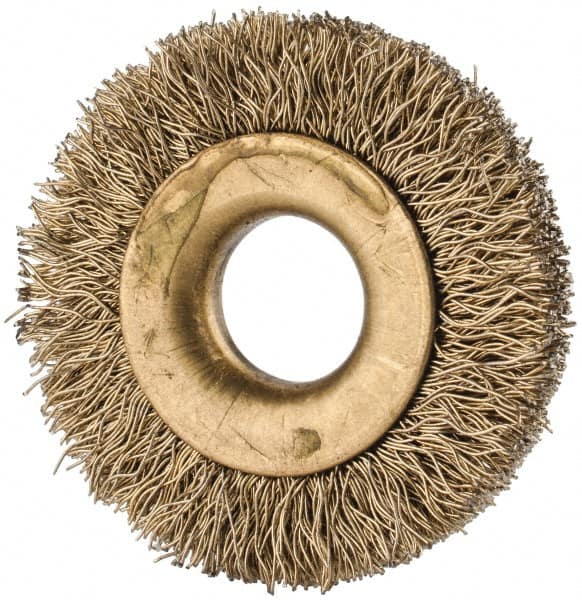 Value Collection - 1-1/4" OD, 3/8" Arbor Hole, Crimped Brass-Coated Steel Wheel Brush - 1/4" Face Width, 1/4" Trim Length, 0.007" Filament Diam, 20,000 RPM - Caliber Tooling