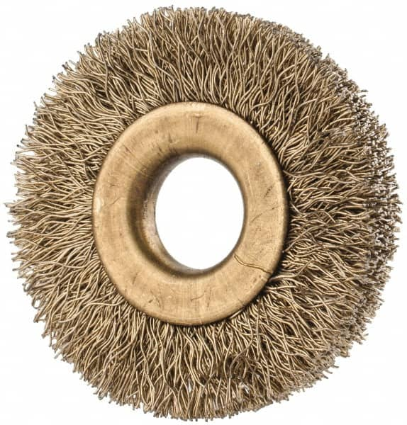 Value Collection - 1-3/8" OD, 3/8" Arbor Hole, Crimped Brass-Coated Steel Wheel Brush - 1/4" Face Width, 3/8" Trim Length, 0.007" Filament Diam, 20,000 RPM - Caliber Tooling