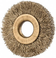 Value Collection - 1-3/8" OD, 3/8" Arbor Hole, Crimped Brass-Coated Steel Wheel Brush - 1/4" Face Width, 3/8" Trim Length, 0.007" Filament Diam, 20,000 RPM - Caliber Tooling