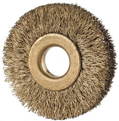 Value Collection - 1-1/2" OD, 3/8" Arbor Hole, Crimped Brass-Coated Steel Wheel Brush - 1/4" Face Width, 3/8" Trim Length, 0.007" Filament Diam, 20,000 RPM - Caliber Tooling