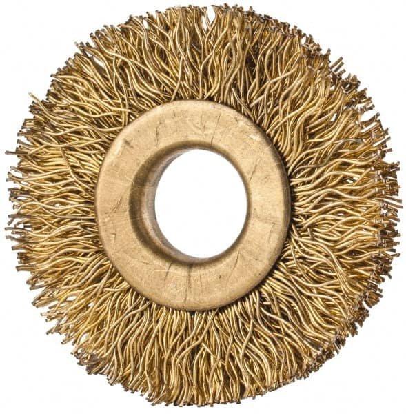 Value Collection - 1-3/8" OD, 3/8" Arbor Hole, Crimped Brass-Coated Steel Wheel Brush - 1/4" Face Width, 3/8" Trim Length, 0.012" Filament Diam, 20,000 RPM - Caliber Tooling