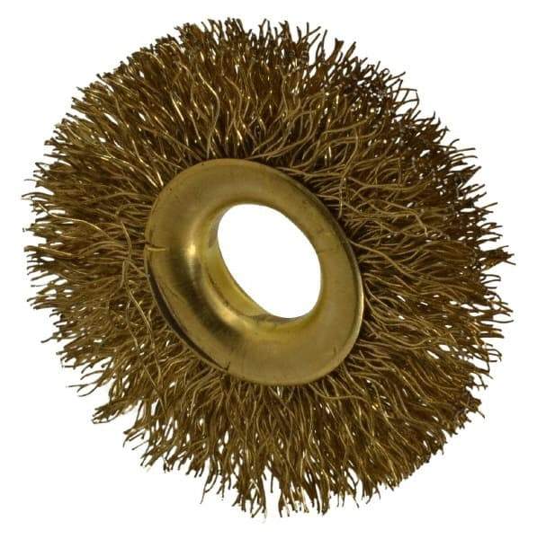 Value Collection - 2" OD, 1/2" Arbor Hole, Crimped Brass-Coated Steel Wheel Brush - 5/16" Face Width, 1/2" Trim Length, 0.012" Filament Diam, 15,000 RPM - Caliber Tooling