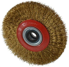 Value Collection - 5" OD, 3/4" Arbor Hole, Crimped Brass-Coated Steel Wheel Brush - 11/16" Face Width, 1-3/32" Trim Length, 0.014" Filament Diam, 6,000 RPM - Caliber Tooling