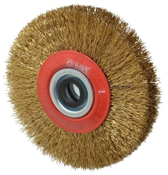 Value Collection - 5" OD, 3/4" Arbor Hole, Crimped Brass-Coated Steel Wheel Brush - 1" Face Width, 1-3/32" Trim Length, 0.014" Filament Diam, 6,000 RPM - Caliber Tooling