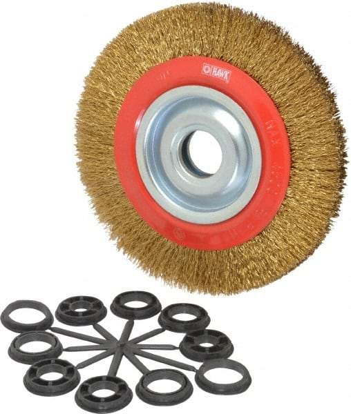 Value Collection - 8" OD, 1-1/4" Arbor Hole, Crimped Brass-Coated Steel Wheel Brush - 3/4" Face Width, 1-11/32" Trim Length, 0.014" Filament Diam, 4,500 RPM - Caliber Tooling