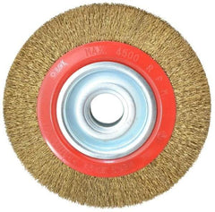 Value Collection - 8" OD, 1-1/4" Arbor Hole, Crimped Brass-Coated Steel Wheel Brush - 1" Face Width, 1-11/32" Trim Length, 0.014" Filament Diam, 4,500 RPM - Caliber Tooling