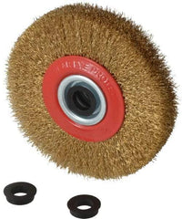 Value Collection - 5" OD, 3/4" Arbor Hole, Crimped Brass-Coated Steel Wheel Brush - 1" Face Width, 1-3/32" Trim Length, 0.012" Filament Diam, 6,000 RPM - Caliber Tooling