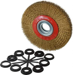 Value Collection - 7" OD, 1-1/4" Arbor Hole, Crimped Brass-Coated Steel Wheel Brush - 1" Face Width, 1-1/2" Trim Length, 0.012" Filament Diam, 6,000 RPM - Caliber Tooling