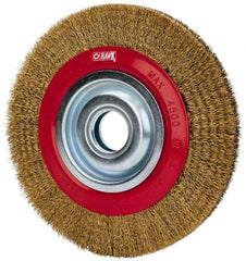 Value Collection - 8" OD, 1-1/4" Arbor Hole, Crimped Brass-Coated Steel Wheel Brush - 3/4" Face Width, 1-11/32" Trim Length, 0.012" Filament Diam, 4,500 RPM - Caliber Tooling