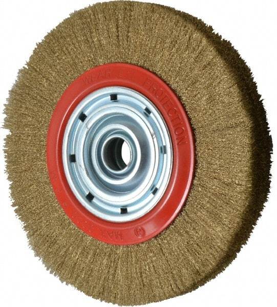 Value Collection - 12" OD, 1-1/4" Arbor Hole, Crimped Brass-Coated Steel Wheel Brush - 1-21/32" Face Width, 2-3/8" Trim Length, 0.007" Filament Diam, 3,000 RPM - Caliber Tooling