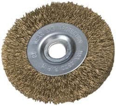 Value Collection - 2" OD, 3/8" Arbor Hole, Crimped Brass-Coated Steel Wheel Brush - 9/32" Face Width, 3/8" Trim Length, 0.007" Filament Diam, 4,500 RPM - Caliber Tooling