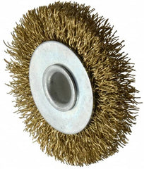 Value Collection - 2" OD, 3/8" Arbor Hole, Crimped Brass-Coated Steel Wheel Brush - 9/32" Face Width, 3/8" Trim Length, 0.012" Filament Diam, 4,500 RPM - Caliber Tooling