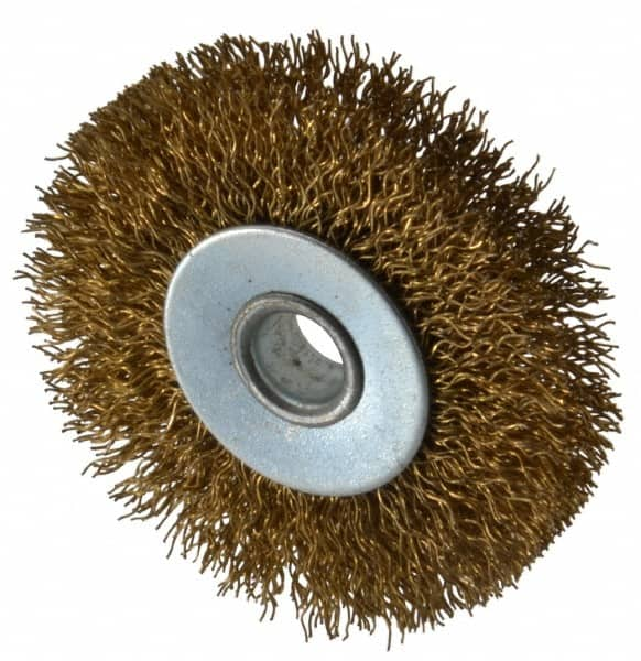 Value Collection - 2-1/2" OD, 3/8" Arbor Hole, Crimped Brass-Coated Steel Wheel Brush - 3/8" Face Width, 1/2" Trim Length, 0.012" Filament Diam, 4,500 RPM - Caliber Tooling