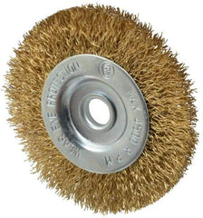 Value Collection - 3" OD, 3/8" Arbor Hole, Crimped Brass-Coated Steel Wheel Brush - 3/8" Face Width, 5/8" Trim Length, 0.012" Filament Diam, 4,500 RPM - Caliber Tooling