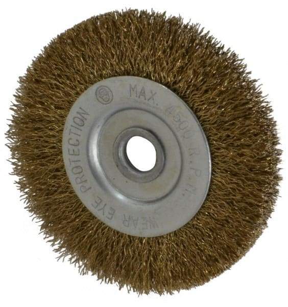 Value Collection - 3" OD, 3/8" Arbor Hole, Crimped Brass-Coated Steel Wheel Brush - 3/8" Face Width, 5/8" Trim Length, 0.007" Filament Diam, 4,500 RPM - Caliber Tooling