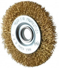 Value Collection - 3" OD, 1/2" Arbor Hole, Crimped Brass-Coated Steel Wheel Brush - 3/8" Face Width, 5/8" Trim Length, 0.012" Filament Diam, 4,500 RPM - Caliber Tooling