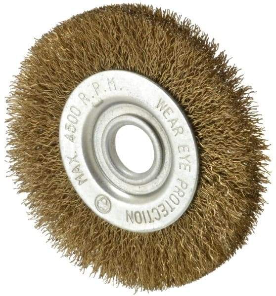 Value Collection - 3" OD, 1/2" Arbor Hole, Crimped Brass-Coated Steel Wheel Brush - 3/8" Face Width, 5/8" Trim Length, 0.007" Filament Diam, 4,500 RPM - Caliber Tooling