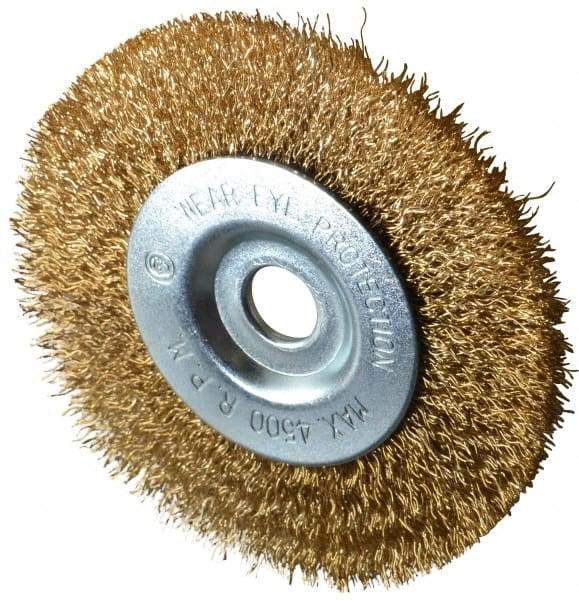 Value Collection - 4" OD, 1/2" Arbor Hole, Crimped Brass-Coated Steel Wheel Brush - 1/2" Face Width, 7/8" Trim Length, 0.012" Filament Diam, 4,500 RPM - Caliber Tooling