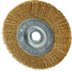 Value Collection - 4" OD, 1/2" Arbor Hole, Crimped Brass-Coated Steel Wheel Brush - 1/2" Face Width, 7/8" Trim Length, 0.007" Filament Diam, 4,500 RPM - Caliber Tooling