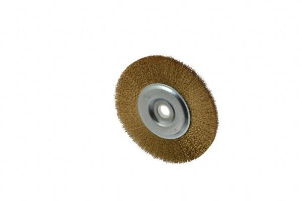 Value Collection - 5" OD, 5/8" Arbor Hole, Crimped Brass-Coated Steel Wheel Brush - 1/2" Face Width, 3/4" Trim Length, 0.012" Filament Diam, 3,750 RPM - Caliber Tooling