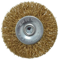 Value Collection - 2" OD, 1/4" Shank Diam, Crimped Brass-Coated Steel Wheel Brush - 9/32" Face Width, 3/8" Trim Length, 0.015" Filament Diam, 4,500 RPM - Caliber Tooling