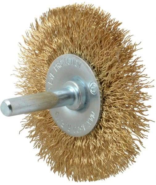 Value Collection - 2-1/2" OD, 1/4" Shank Diam, Crimped Brass-Coated Steel Wheel Brush - 11/32" Face Width, 1/2" Trim Length, 0.015" Filament Diam, 4,500 RPM - Caliber Tooling