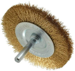 Value Collection - 3" OD, 1/4" Shank Diam, Crimped Brass-Coated Steel Wheel Brush - 3/8" Face Width, 5/8" Trim Length, 0.008" Filament Diam, 4,500 RPM - Caliber Tooling