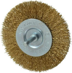 Value Collection - 4" OD, 1/4" Shank Diam, Crimped Brass-Coated Steel Wheel Brush - 15/32" Face Width, 7/8" Trim Length, 0.015" Filament Diam, 4,500 RPM - Caliber Tooling