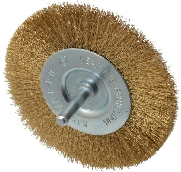 Value Collection - 4" OD, 1/4" Shank Diam, Crimped Brass-Coated Steel Wheel Brush - 15/32" Face Width, 7/8" Trim Length, 0.008" Filament Diam, 4,500 RPM - Caliber Tooling