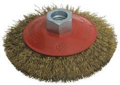 Value Collection - 4" OD, M14x2.00 Arbor Hole, Crimped Brass-Coated Steel Wheel Brush - 3/8" Face Width, 0.012" Filament Diam, 12,500 RPM - Caliber Tooling