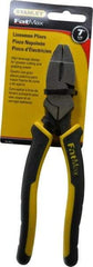 Stanley - 7-5/8" OAL, 1-1/2" Jaw Length x 1" Jaw Width, Side Cutting Linesman's Pliers - Serrated Jaw, Flat Nose Head, Bi-Material Cushion Grip Handles - Caliber Tooling