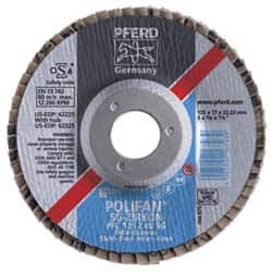 PFERD - 60 Grit, 4-1/2" Disc Diam, 7/8" Center Hole, Type 27 Zirconia Alumina Flap Disc - 13,300 Max RPM, Fiberglass Backing, Arbor Attaching System, Coated - Caliber Tooling