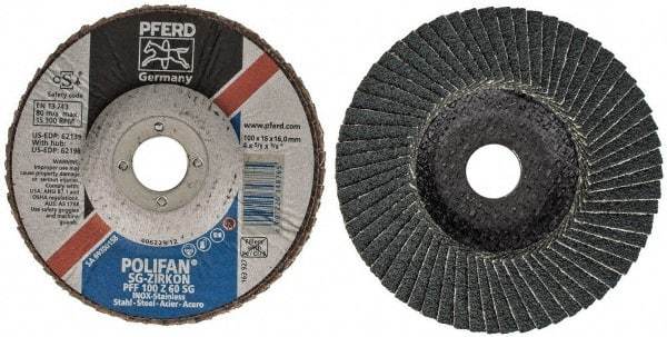 PFERD - 60 Grit, 4" Disc Diam, 5/8" Center Hole, Type 27 Zirconia Alumina Flap Disc - 15,300 Max RPM, Fiberglass Backing, Arbor Attaching System, Coated - Caliber Tooling