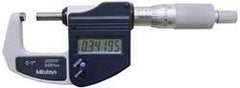 Mitutoyo - 0.001 mm Resolution, Standard Throat, Electronic Outside Micrometer - Includes Stand - Caliber Tooling