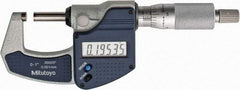 Mitutoyo - 0 to 1" Range, 0.0001" Resolution, Standard Throat, Electronic Outside Micrometer - 0.0001" Accuracy, Ratchet Stop Thimble, Carbide Face, SR44 Battery, Plastic Case, Includes NIST Traceable Certification of Inspection - Caliber Tooling