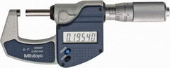 Mitutoyo - 0 to 1" Range, 0.0001" Resolution, Standard Throat, Electronic Outside Micrometer - 0.0001" Accuracy, Friction Thimble, Carbide Face, SR44 Battery, Plastic Case, Includes NIST Traceable Certification of Inspection - Caliber Tooling