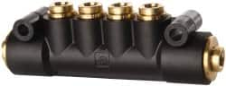 Parker - 1/4" Inlet, 1/4" Outlet Manifold - 3.98" Long x 0.9" Wide 0.21" Mount Hole, 200°F Max, 150 Max PSI, 2 Inlet Ports, 4 Outlet Ports - Caliber Tooling