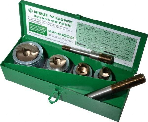 Greenlee - 7 Piece, 22.5 to 43.2mm Punch Hole Diam, Hydraulic Knockout Set - Round Punch, 10 Gage Mild Steel - Caliber Tooling