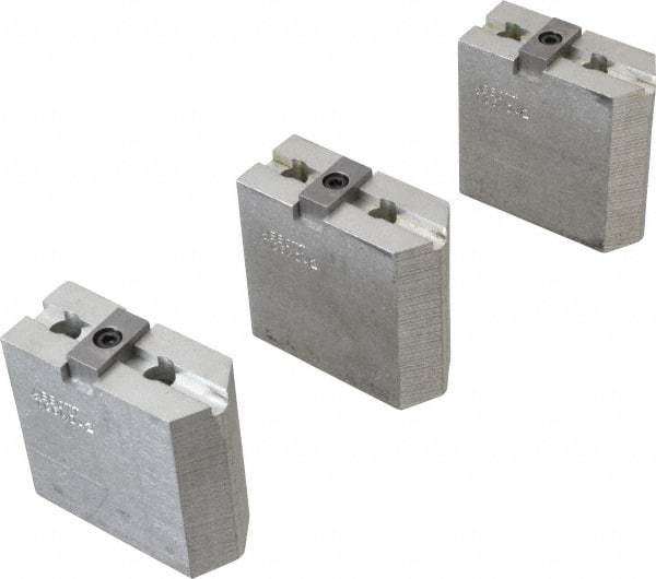 Abbott Workholding Products - 6" & Up Chuck Capacity, Tongue & Groove Attachment, Square Soft Lathe Chuck Jaw - 3 Jaws, Aluminum, 1-1/2" Btw Mount Hole Ctrs, 3" Long x 1-1/4" Wide x 3" High, 5/16" Groove, 3/8" Fastener - Caliber Tooling