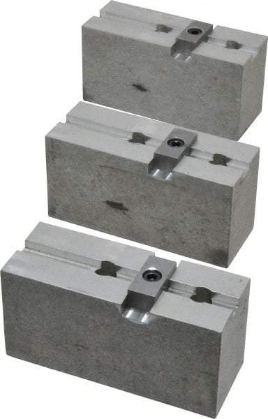 Abbott Workholding Products - 8" & Up Chuck Capacity, Tongue & Groove Attachment, Square Soft Lathe Chuck Jaw - 3 Jaws, Aluminum, 1-3/4" Btw Mount Hole Ctrs, 4" Long x 1-1/2" Wide x 2" High, 5/16" Groove, 3/8" Fastener - Caliber Tooling